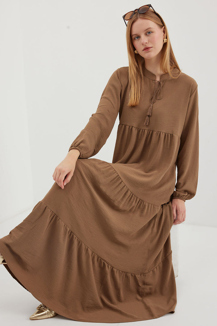 BGD Women Tie-Neck Modest Dress - Milky Coffee - Porto