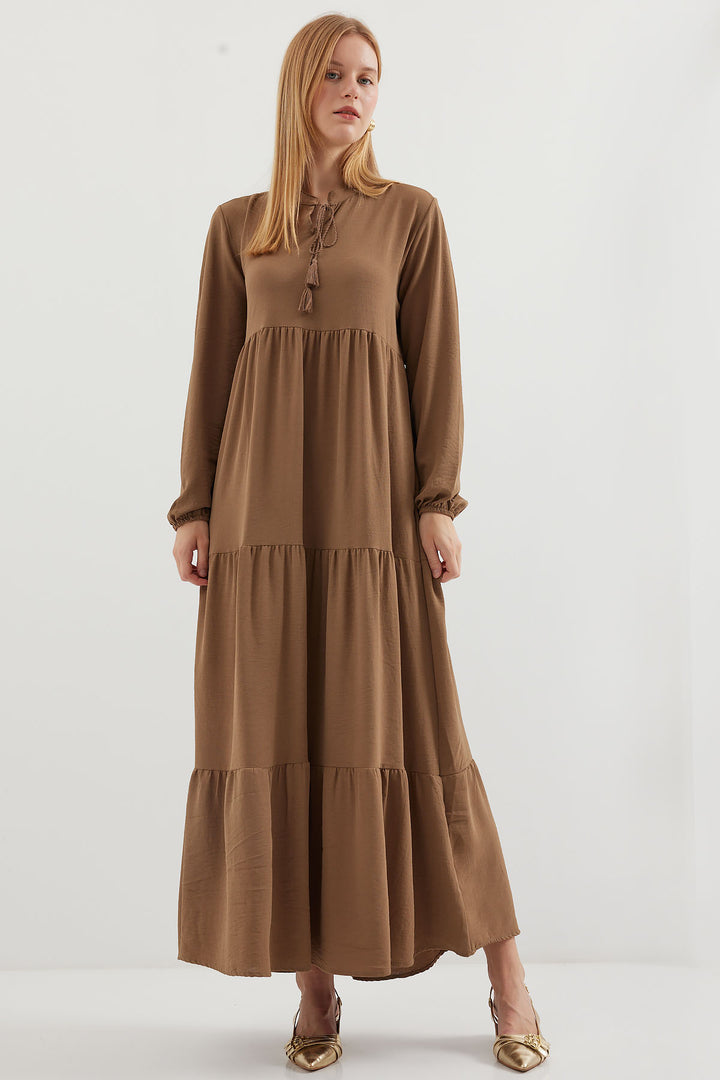 BGD Women Tie-Neck Modest Dress - Milky Coffee - Porto