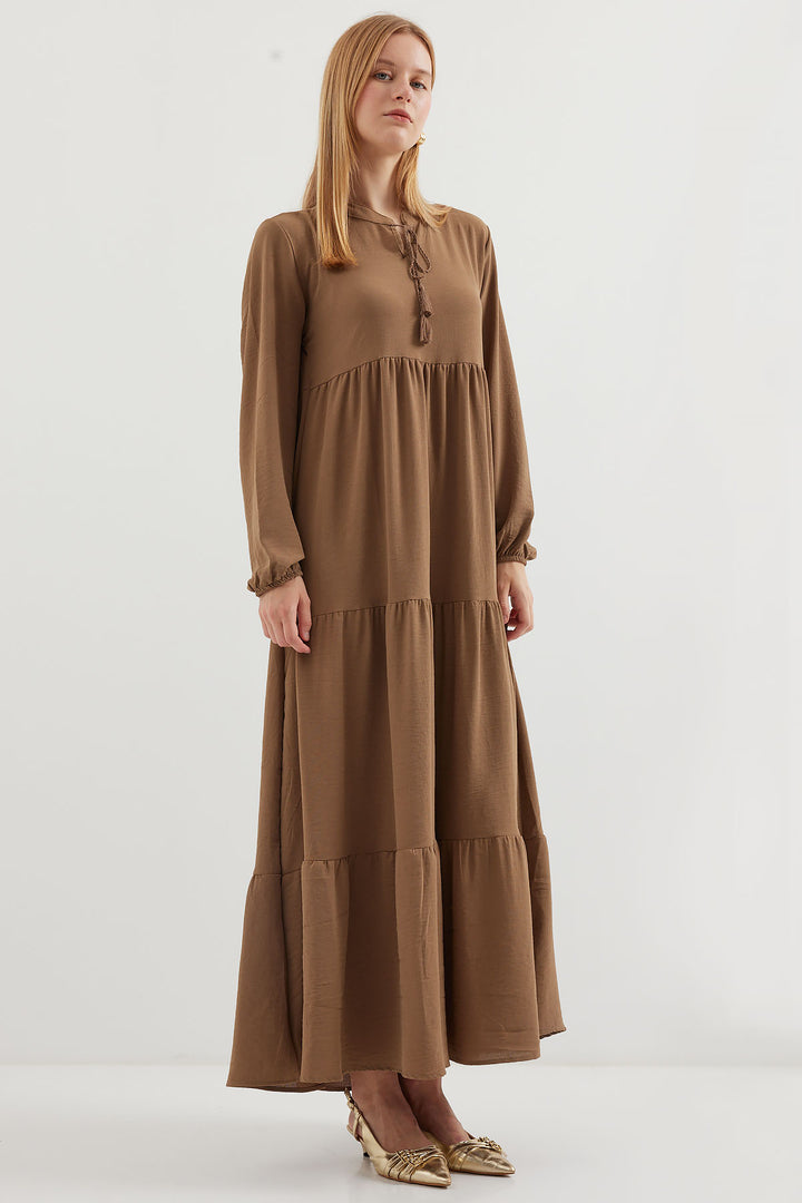 BGD Women Tie-Neck Modest Dress - Milky Coffee - Porto