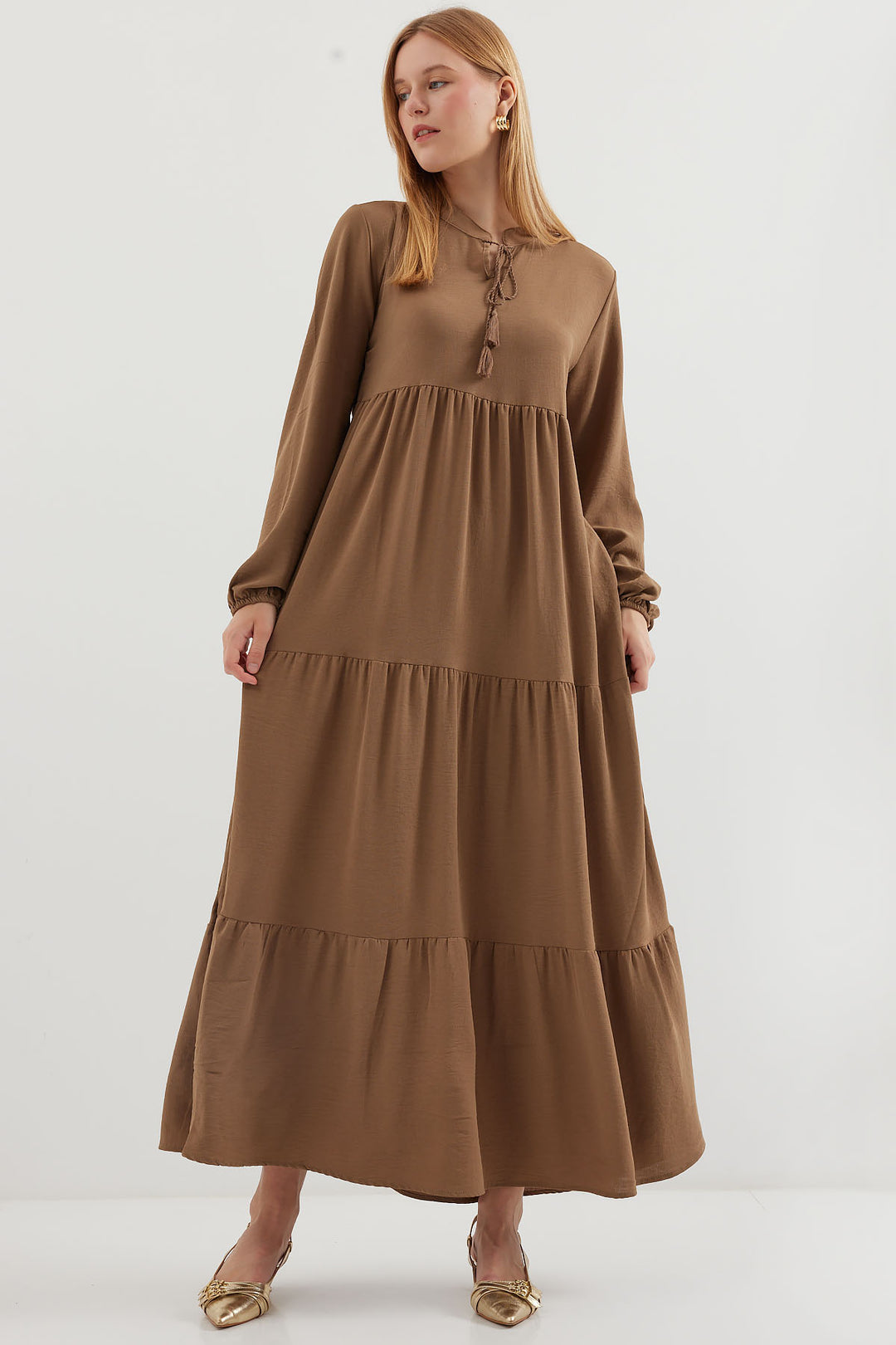 BGD Women Tie-Neck Modest Dress - Milky Coffee - Porto