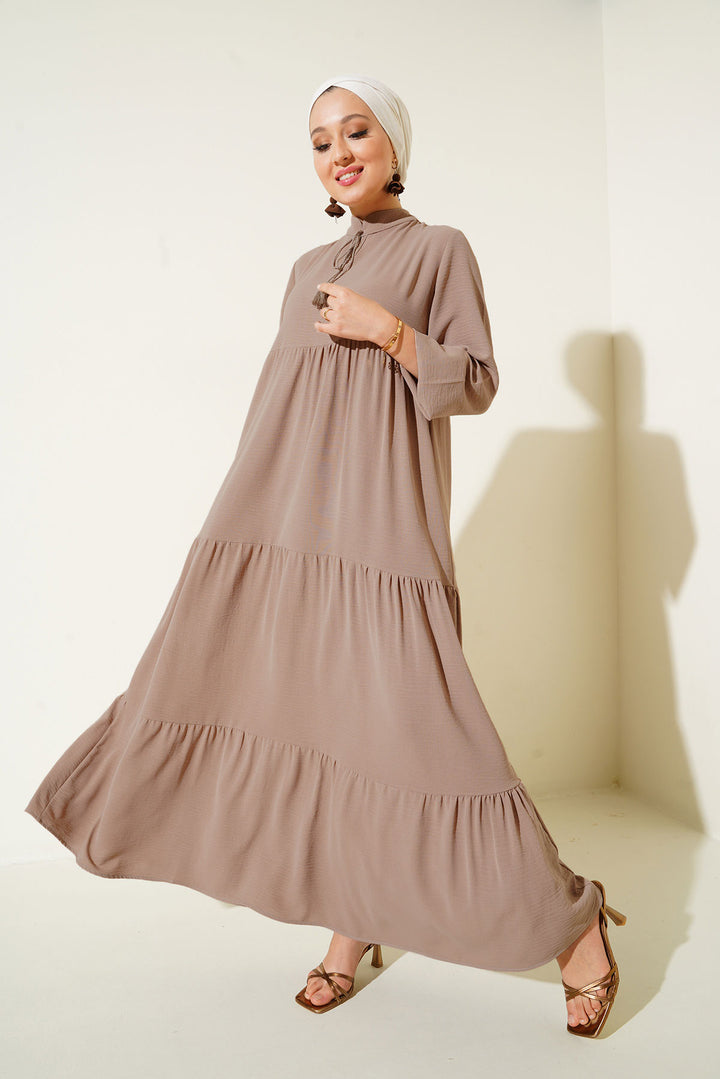 BGD Women Tie Neck Hijab Dress - Light Beige - Terrebonne