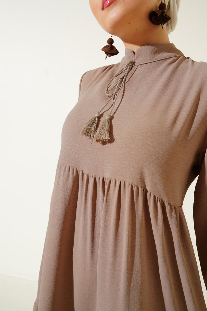 BGD Women Tie Neck Hijab Dress - Light Beige - Terrebonne