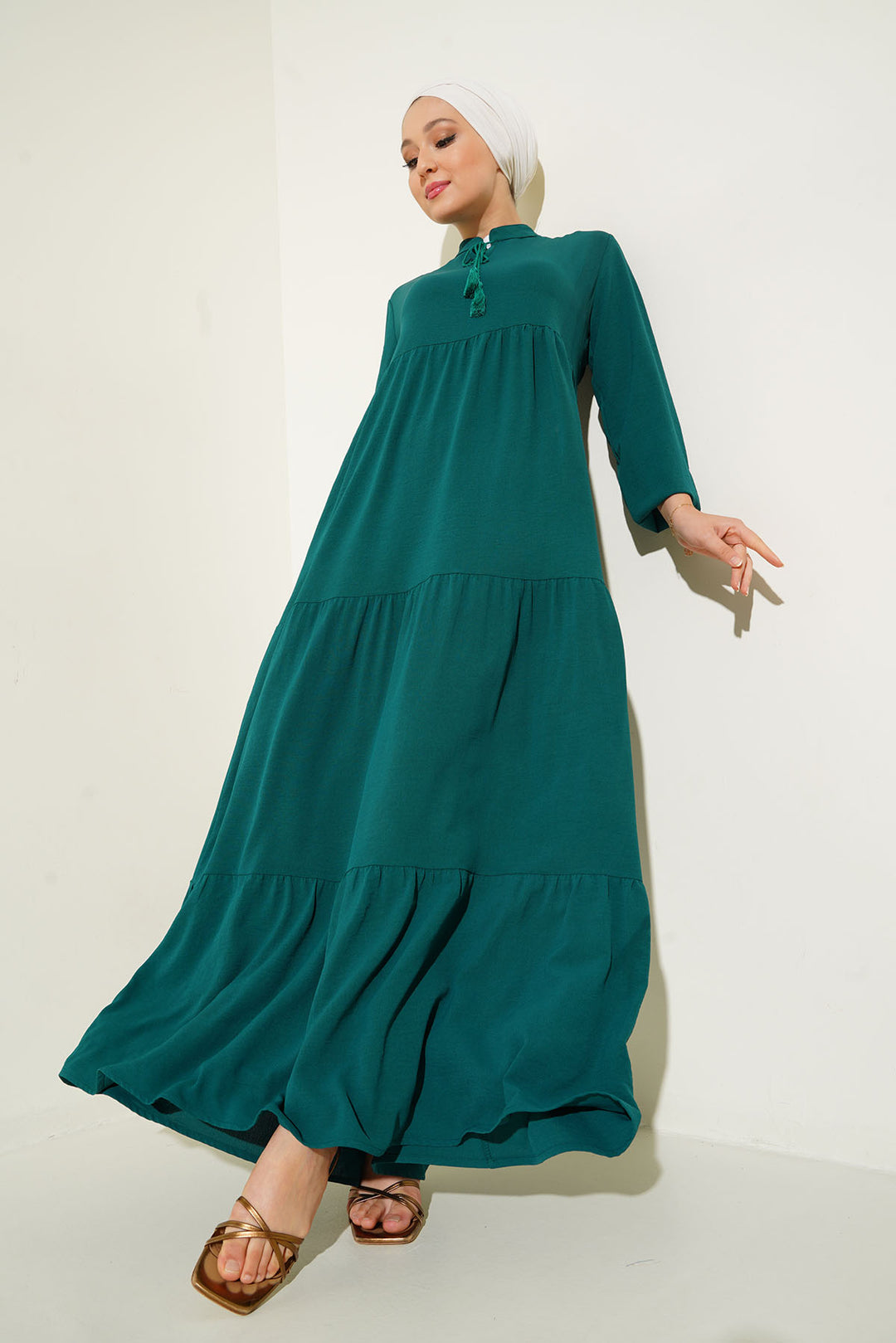 BGD Women Tie-Neck Modest Dress - Emerald Green - Hastings