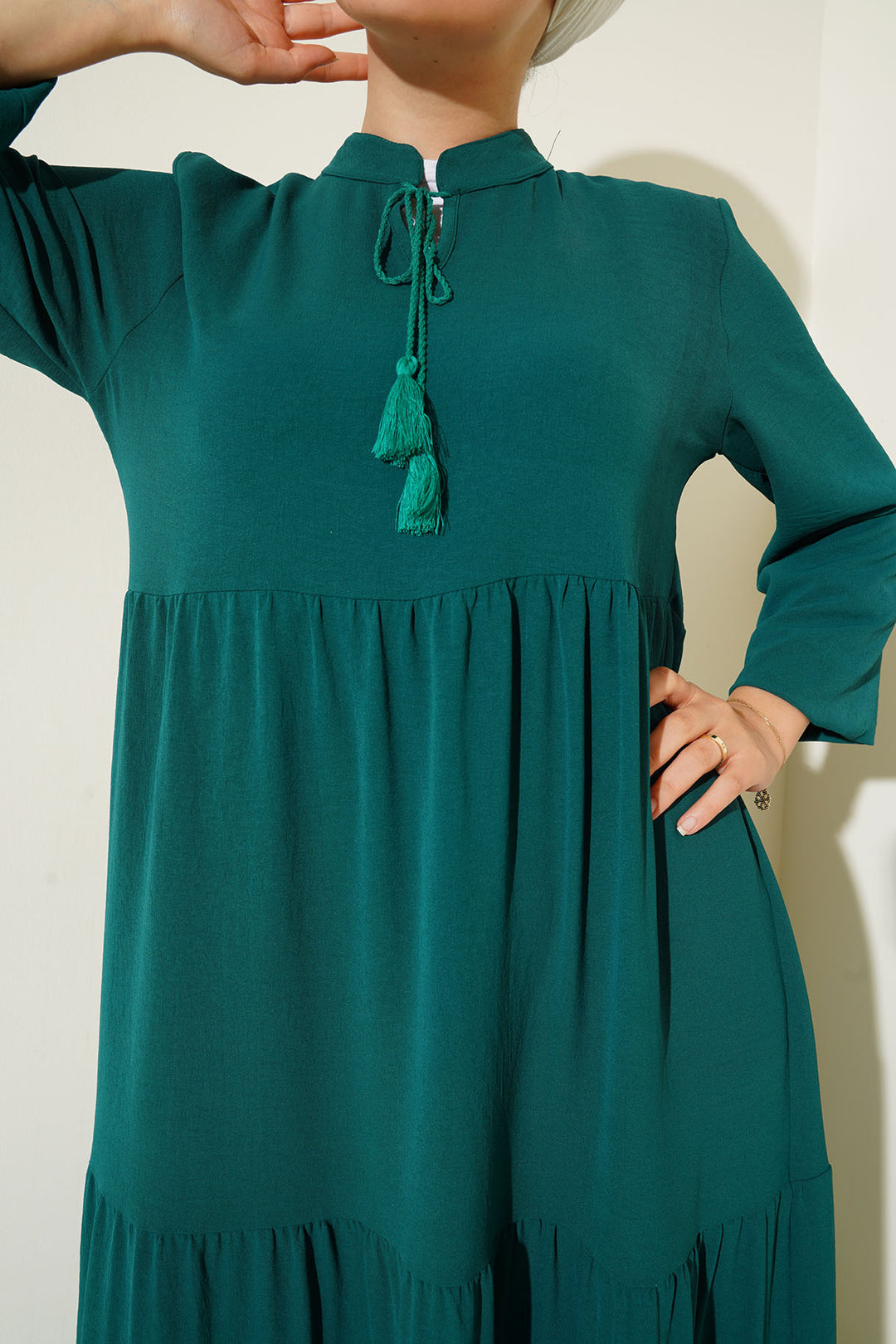 BGD Women Tie-Neck Modest Dress - Emerald Green - Hastings
