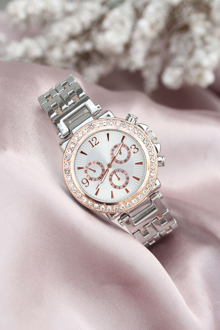 EBJ Women's Watch with Silver Metal Strap, Rose Zircon Stone Case Design - La Roche-sur-Yon