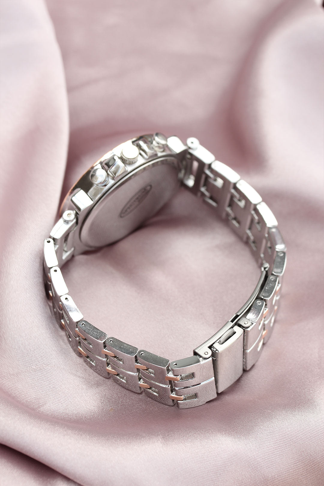 EBJ Women's Watch with Silver Metal Strap, Rose Zircon Stone Case Design - La Roche-sur-Yon