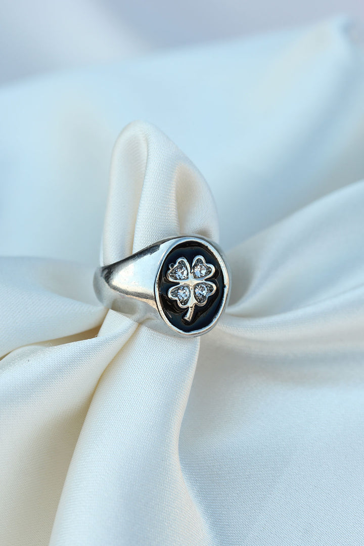 EBJ Silver Metal Adjustable Black Enamel Stone Clover Ring - Los Banos