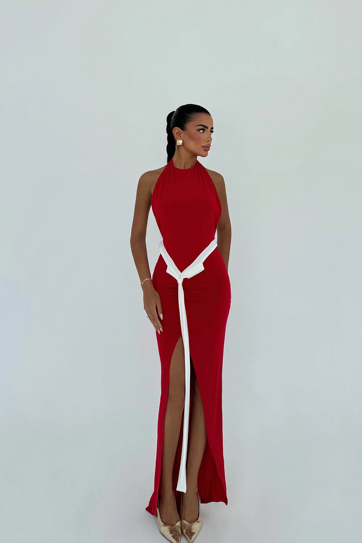 EYY Women Red Front Tie Long Dress - Oxnard