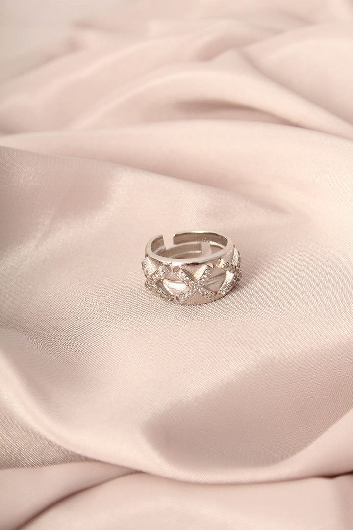 EBJ Silver Color Metal Zircon Stone Cross Pattern Adjustable Women's Ring - Fayetteville