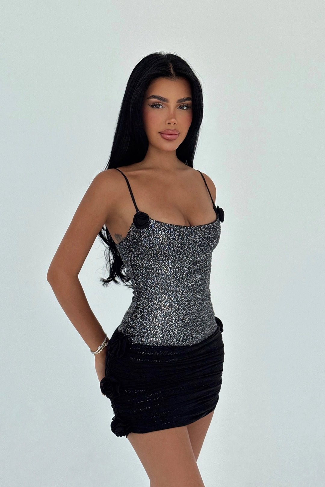 EYY Women Gray Rose Detailed Strap Mini Dress - Castro Valley