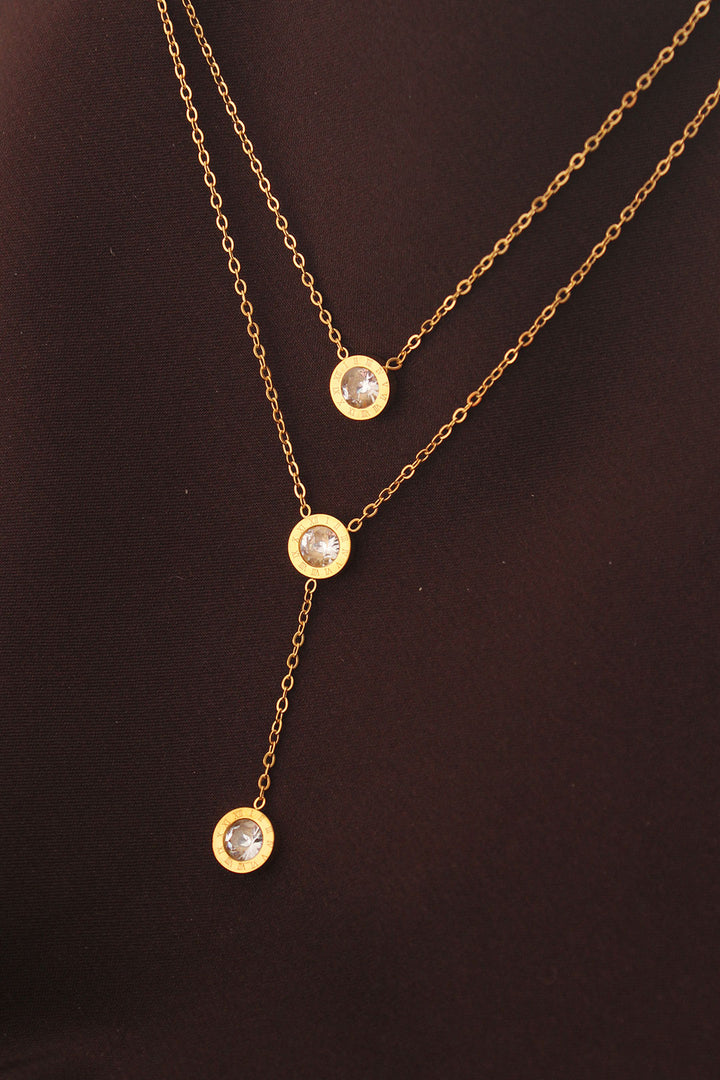 EBJ Steel Gold Color Stone Embellished Oval Model Double Chain Necklace - Zaanstad