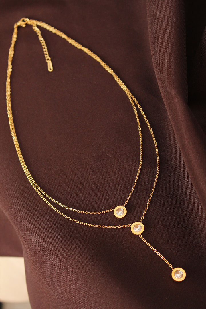 EBJ Steel Gold Color Stone Embellished Oval Model Double Chain Necklace - Zaanstad