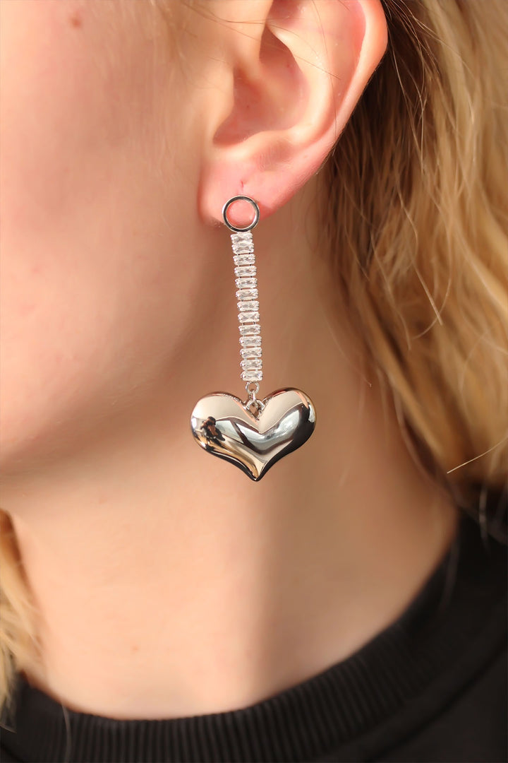 EBJ Steel Silver Color Baguette Stone Heart Earrings - Tinley Park