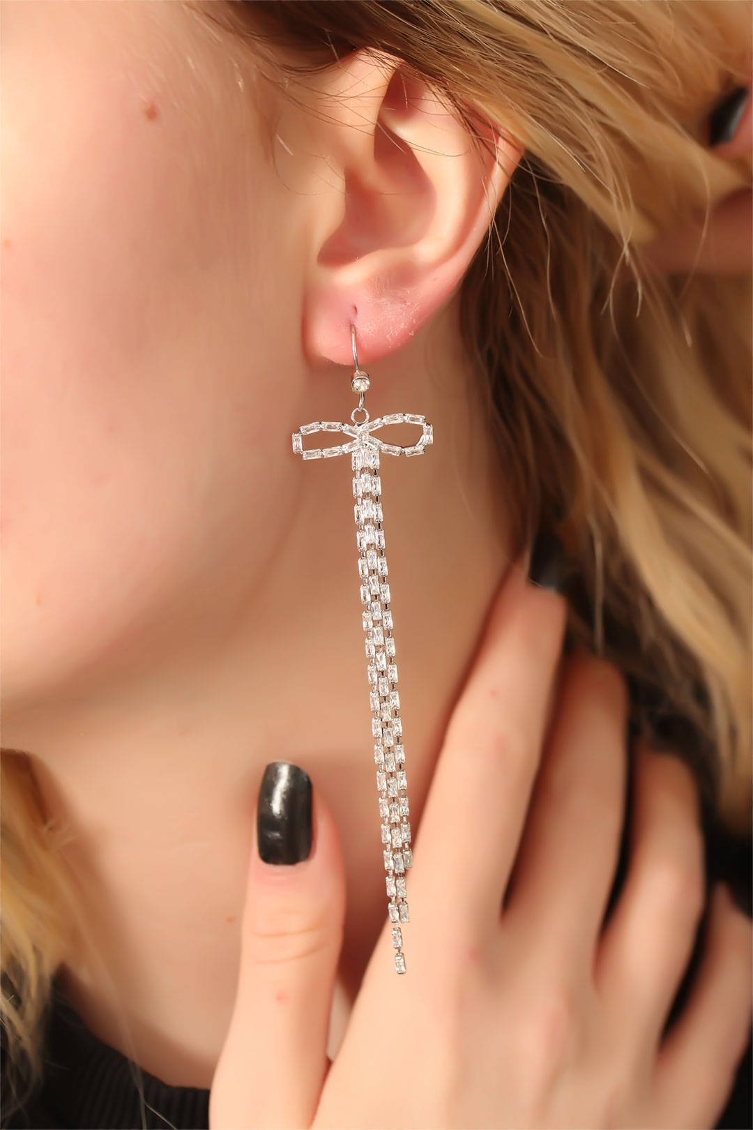 EBJ Steel Silver Color Baguette Stone Detailed Long Earrings - Santa Pola