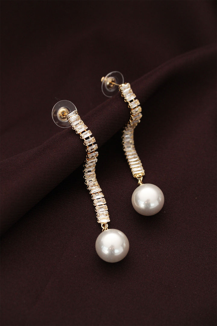 EBJ Steel Gold Color Pearl and Baguette Stone Waterway Designed Dangling Earrings - Stoke-on-Trent