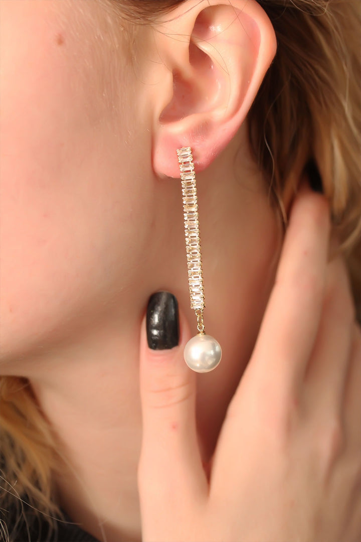 EBJ Steel Gold Color Pearl and Baguette Stone Waterway Designed Dangling Earrings - Stoke-on-Trent