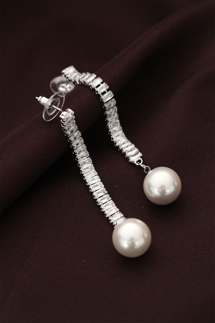 EBJ Steel Silver Color Pearl and Baguette Stone Waterway Designed Dangle Earrings - Santa Fe