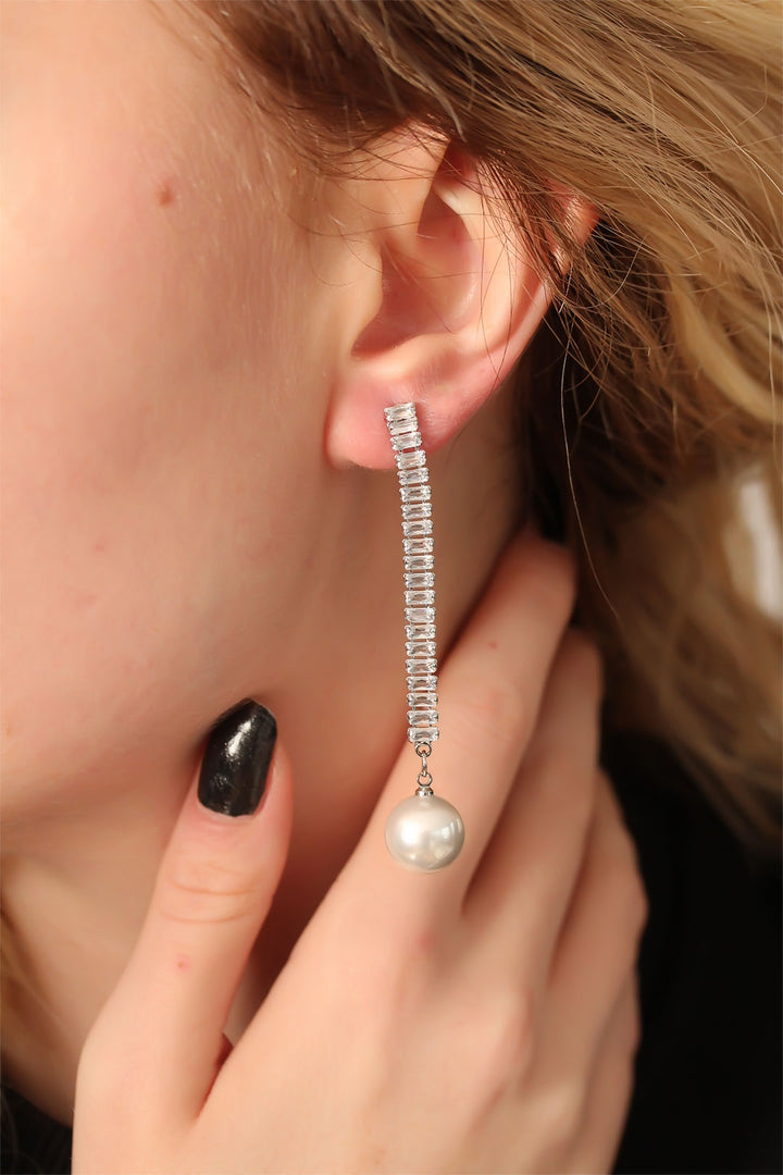 EBJ Steel Silver Color Pearl and Baguette Stone Waterway Designed Dangle Earrings - Santa Fe