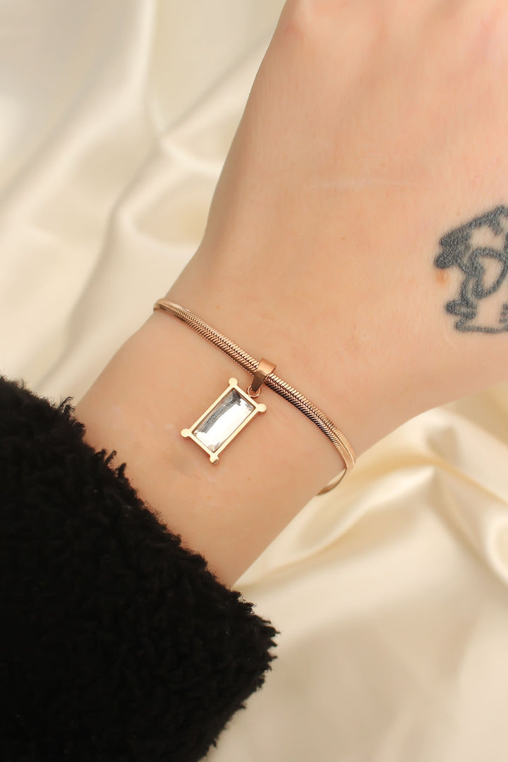 EBJ Steel Rose Color Rectangular Stone Italian Chain Bracelet - Syracuse