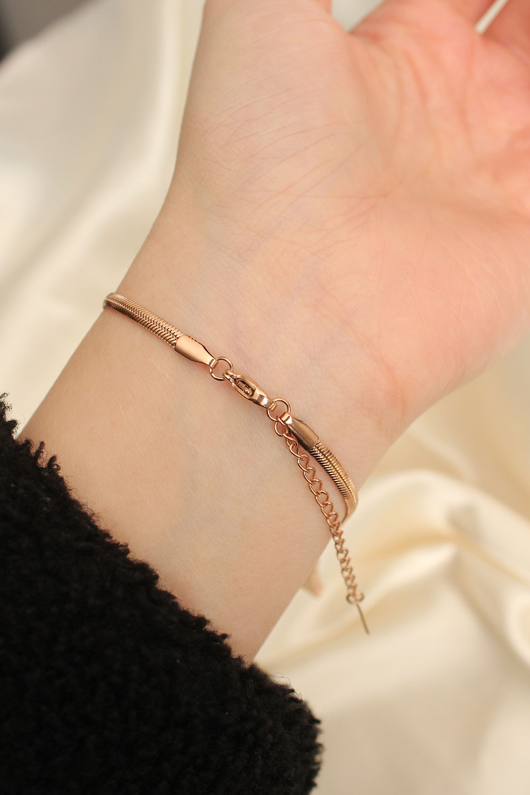 EBJ Steel Rose Color Rectangular Stone Italian Chain Bracelet - Syracuse