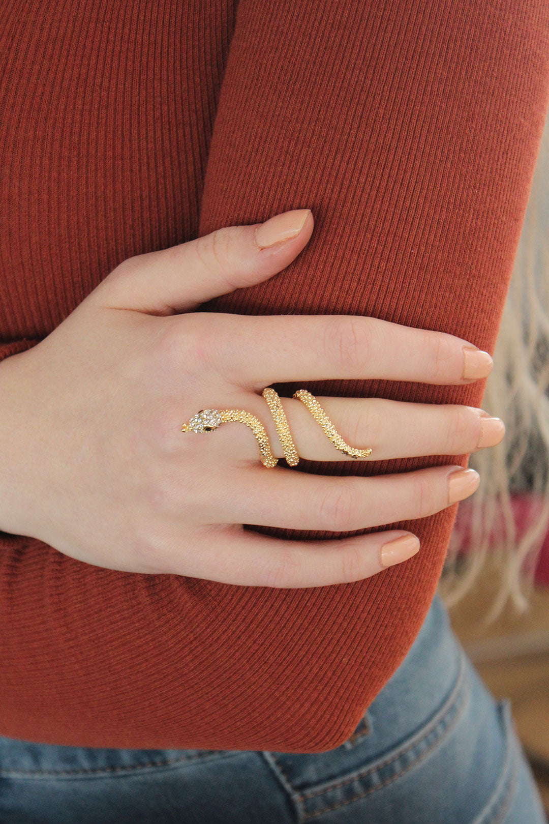 EBJ Adjustable Gold Color Snake Ring with Zircon Stone - San Juan