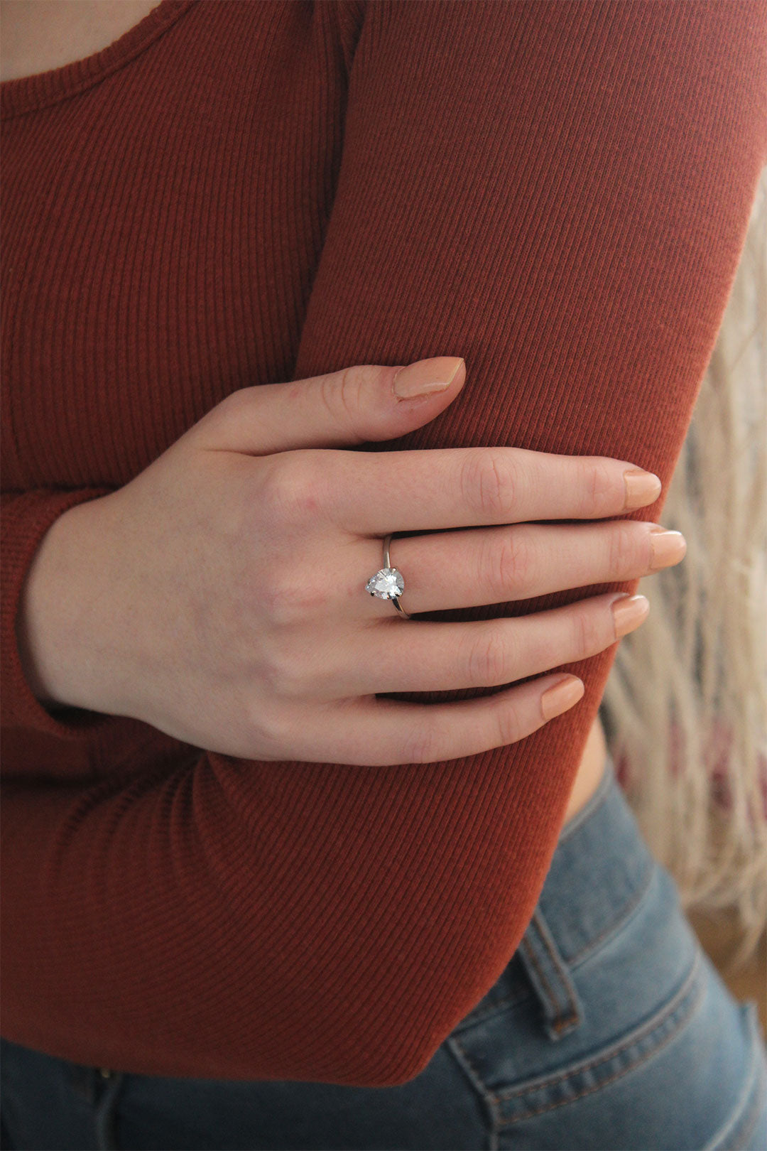 EBJ Adjustable Silver Color Stone Drop Ring - Bastia