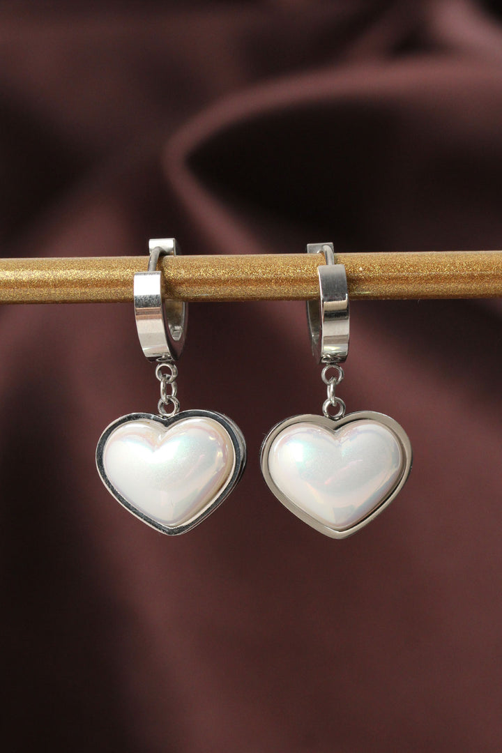 EBJ 316L Stainless Steel Silver Color White Domed Heart Earrings - Chur