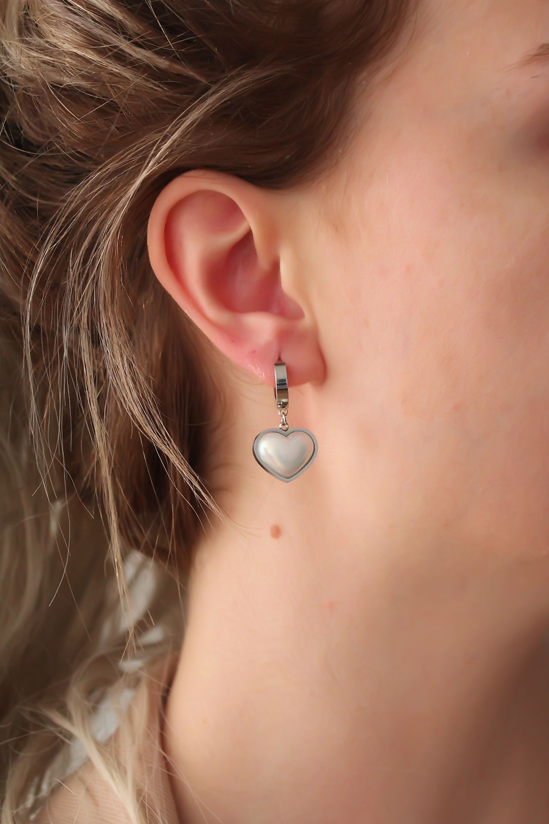 EBJ 316L Stainless Steel Silver Color White Domed Heart Earrings - Gladstone