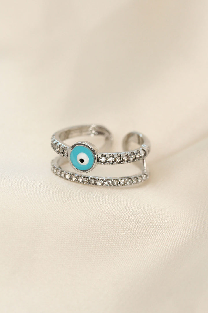 EBJ Adjustable Silver Color Evil Eye Bead Detailed Ring with Zircon Stone - Sioux Falls