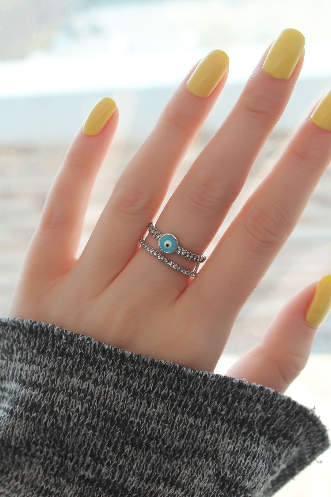 EBJ Adjustable Silver Color Evil Eye Bead Detailed Ring with Zircon Stone - Sioux Falls