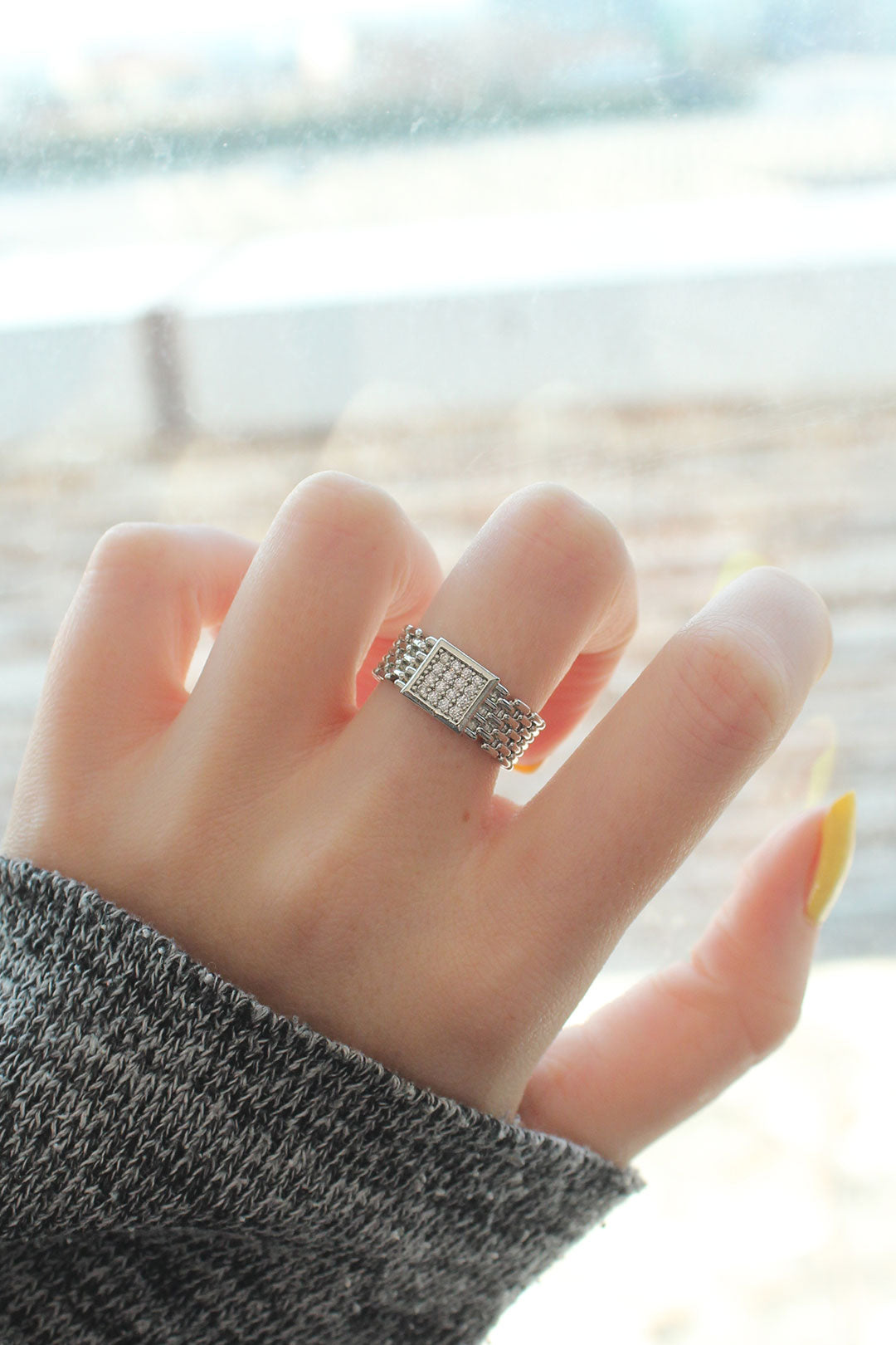 EBJ Adjustable Silver Color Square Ring with Zircon Stone - Inglewood