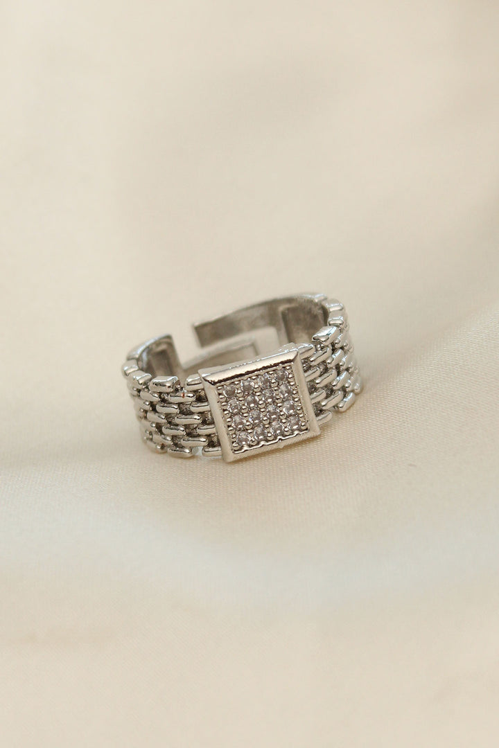 EBJ Adjustable Silver Color Square Ring with Zircon Stone - Inglewood