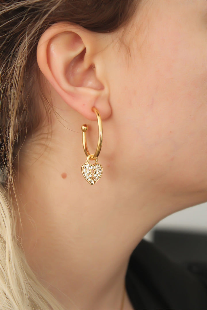 EBJ Gold Color Zircon Stone Heart Shaped Hoop Earrings - Welling