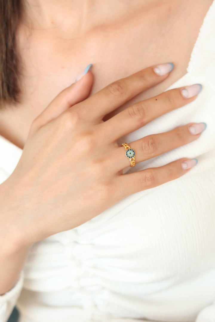 EBJ Gold Plated Women's Ring with Zircon Stone Evil Eye - Downers Grove