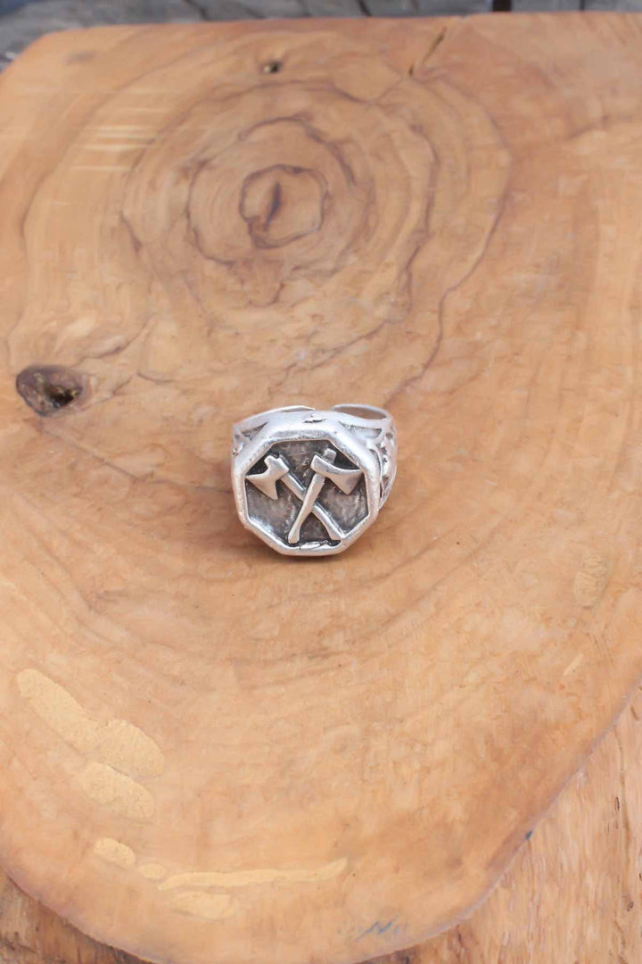 EBJ Axe Patterned Silver Color Adjustable Men's Ring - Cantù