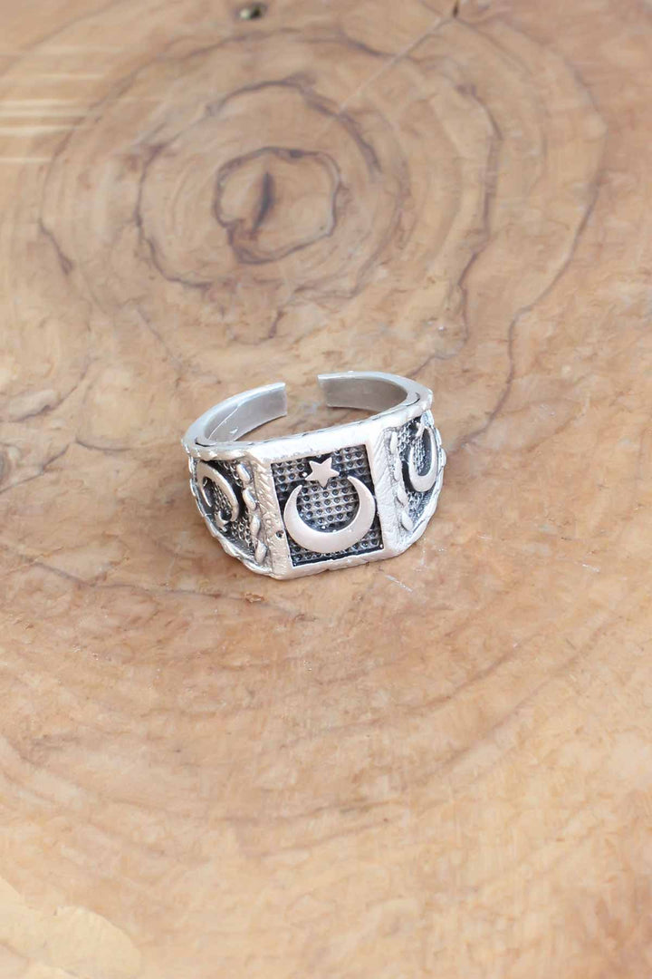 EBJ Silver Color Adjustable Men's Ring with Turkish Flag Pattern - Breda