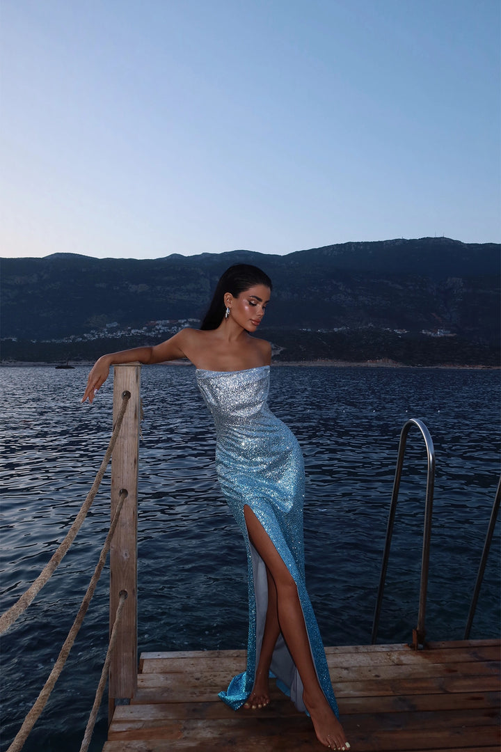 EYY Women Blue Two-Tone Toulon Long Slit Dress - Moortebeek