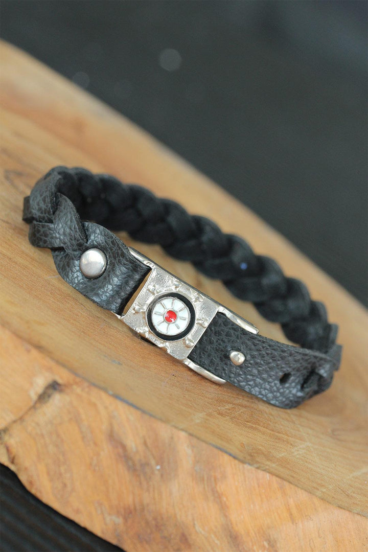 EBJ Black Leather Sailor Wheel Accessorized Men's Bracelet - Harrisonburg