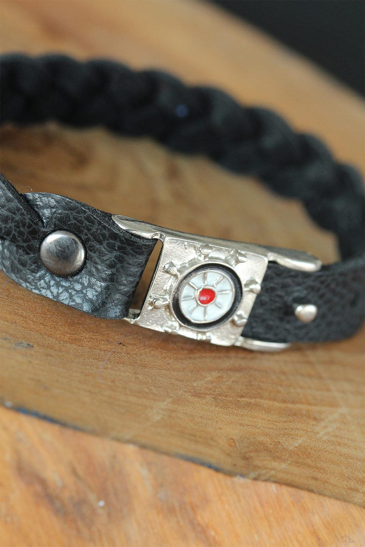 EBJ Black Leather Sailor Wheel Accessorized Men's Bracelet - Harrisonburg