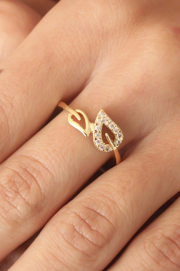 EBJ Zircon Stone Gold Color Leaf Design Women's Ring - Turlock