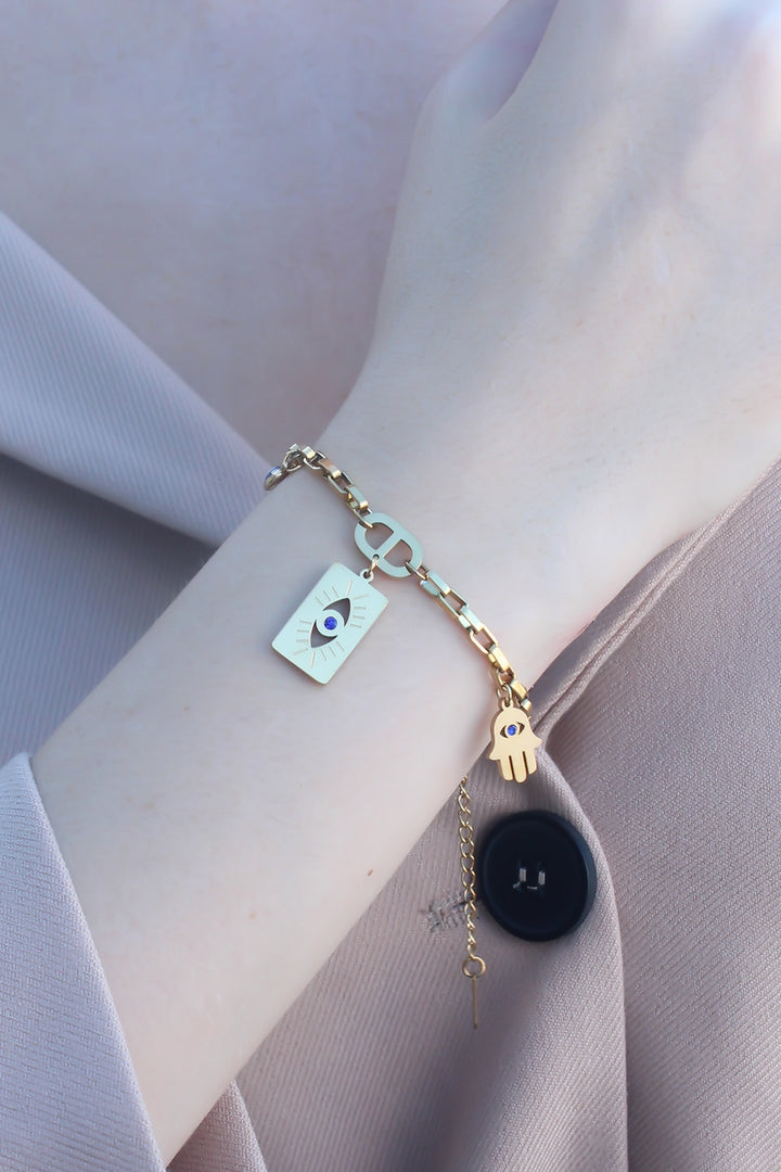 EBJ 316L Non-Tarnish Steel Gold Color Eye and Fatima Hand Women's Bracelet - Leverkusen