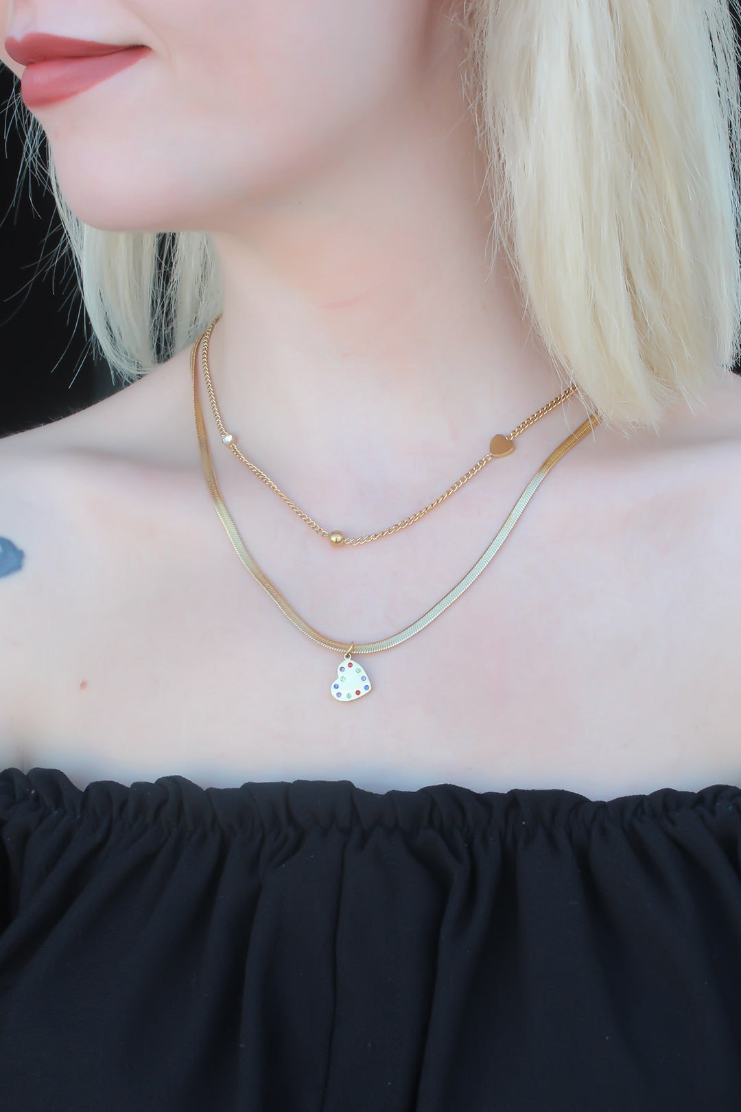 EBJ 316L Stainless Steel Gold Color Italian Chain Stone Heart Model Women's Necklace - Montélimar