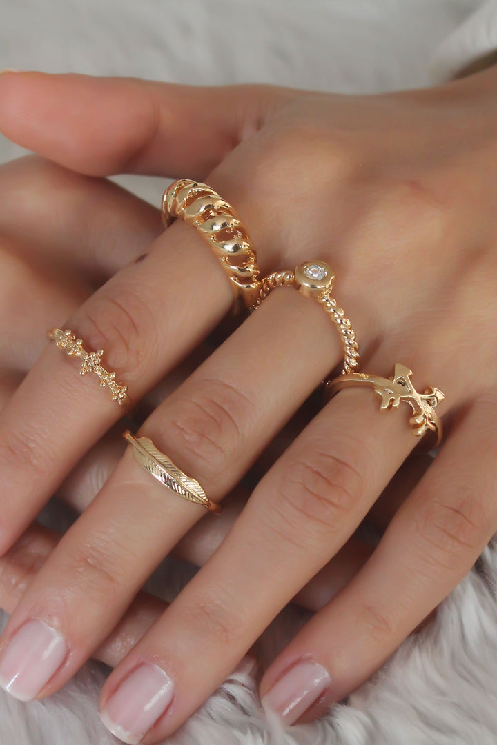 EBJ Gold Color Spiral Zircon Stone Detail Women's Ring Combination - Guaymas