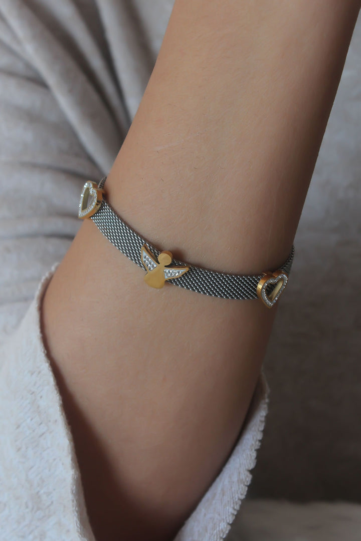 EBJ Steel Silver Color Mesh Model Angel Figure with Zircon Stone Detail Women's Bracelet - Pau