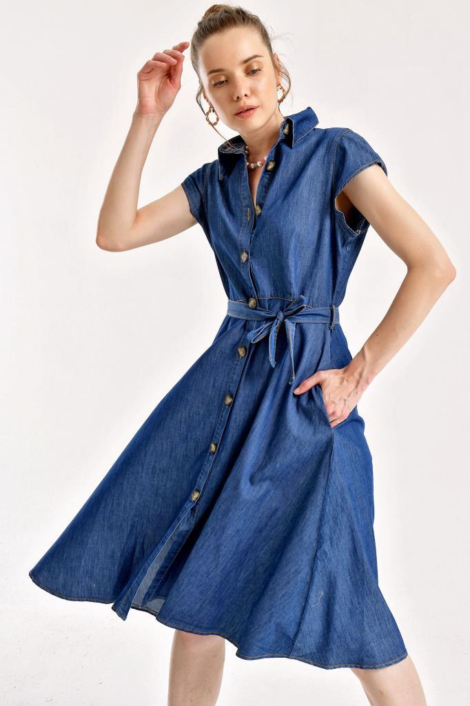 BGD Women BUTTONED WAIST BELT DENIM DRESS - Navy - Avondale