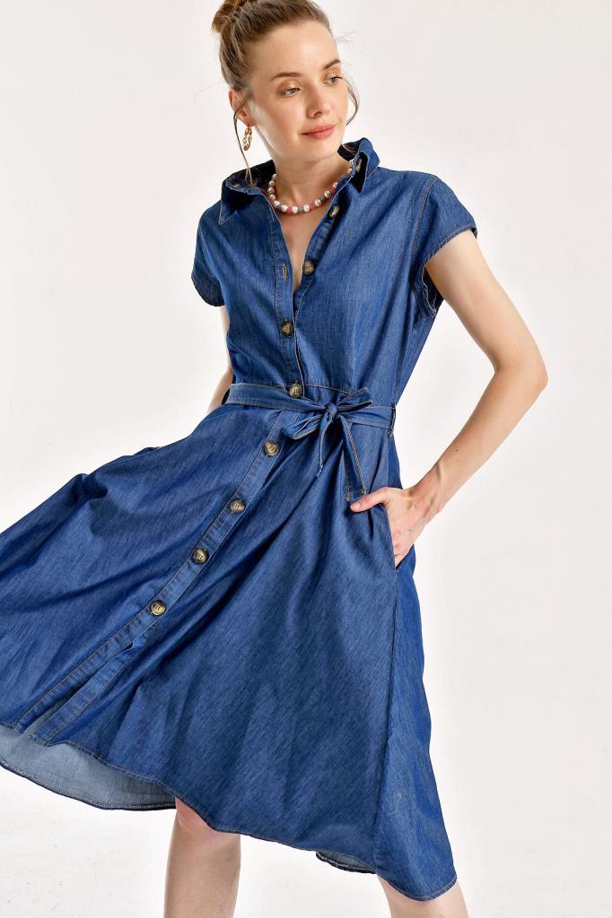 BGD Women BUTTONED WAIST BELT DENIM DRESS - Navy - Avondale
