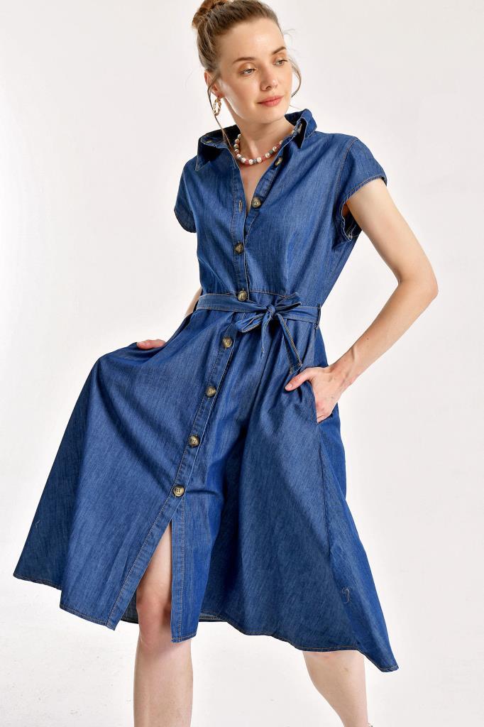 BGD Women BUTTONED WAIST BELT DENIM DRESS - Navy - Avondale