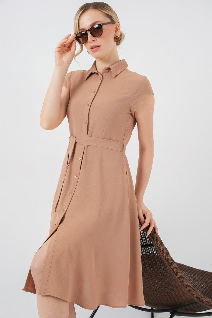 BGD Women Buttoned Belted Dress - Biscuit - Torrevieja