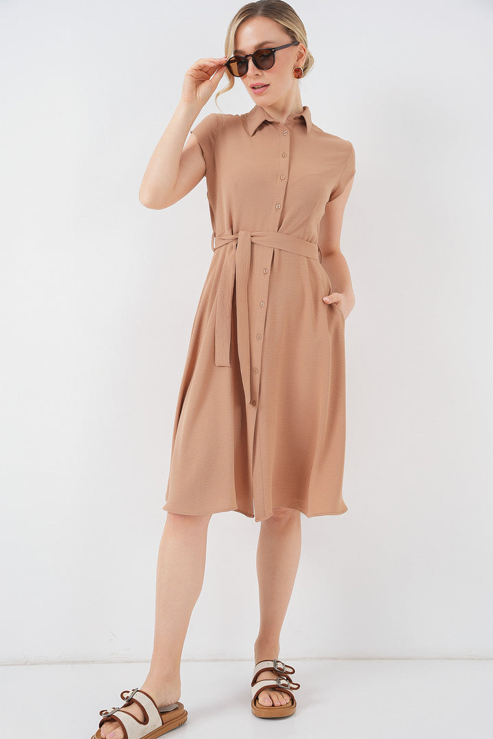 BGD Women Buttoned Belted Dress - Biscuit - Torrevieja