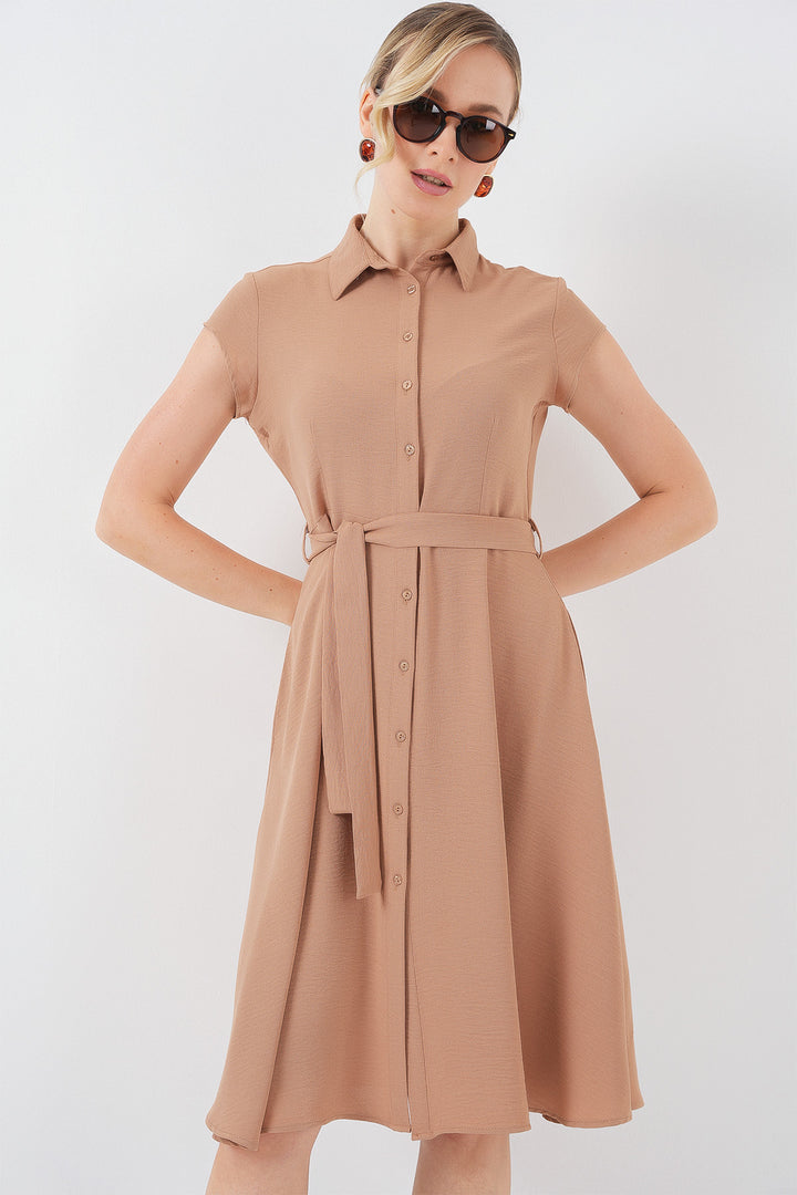 BGD Women Buttoned Belted Dress - Biscuit - Torrevieja